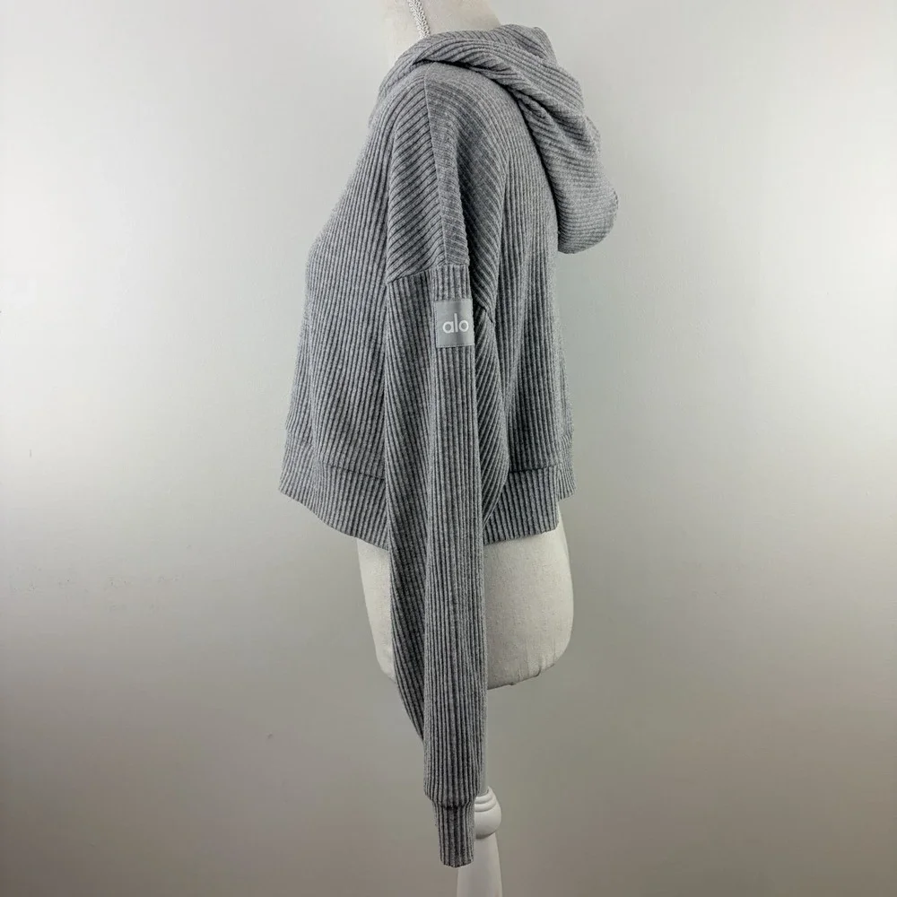 Alo Yoga Women XS Gray Ribbed Cropped Hoodie Long Sleeve Pullover Lounge Top